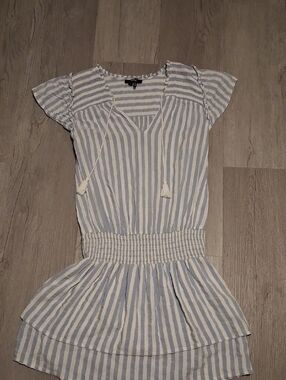 PAIGE Light Blue and White Striped Tie-Neck Top